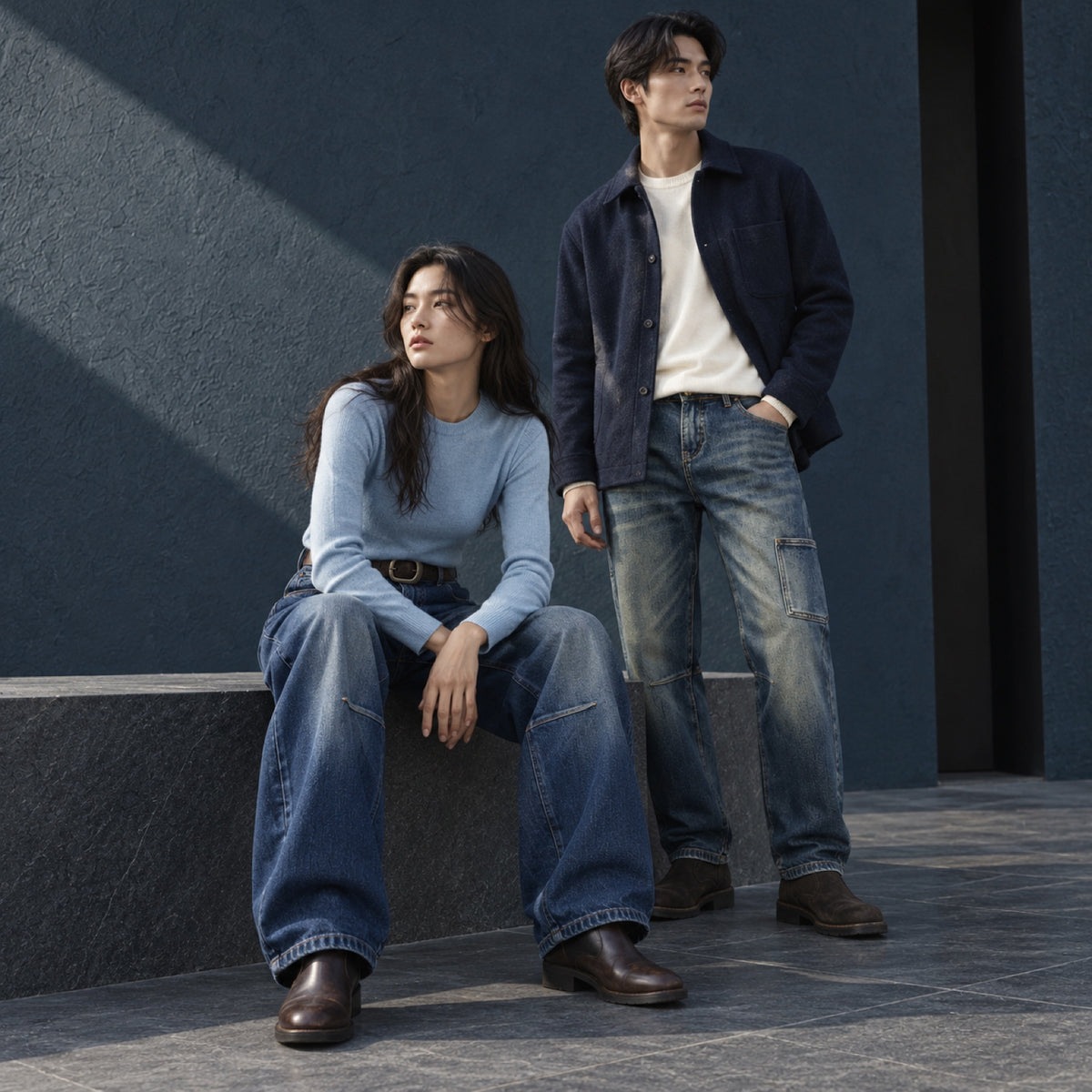 Woman and man wearing QAYQEY blue denim and tonal knitwear beside a deep navy architectural wall.