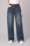 Model front view — Floral-Jacquard Straight-Leg Jeans in Indigo Blue (Style QY88289)
