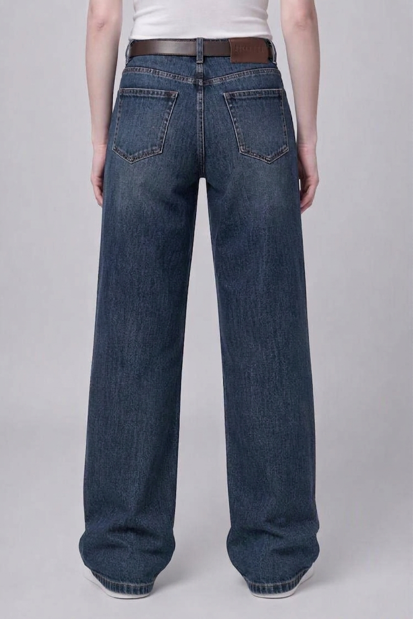 Model back view — Whiskered Straight-Leg Jeans in Mid Blue (Style QY88276)