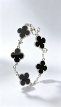 SSD1133 925 Sterling Silver Two-Tone Clover Bracelet | Black Agate & White Mother of Pearl