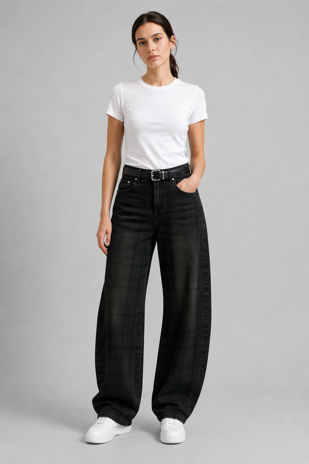 Model full-body view — Plaid Curved Jeans in Dark Green (Style QY88333)