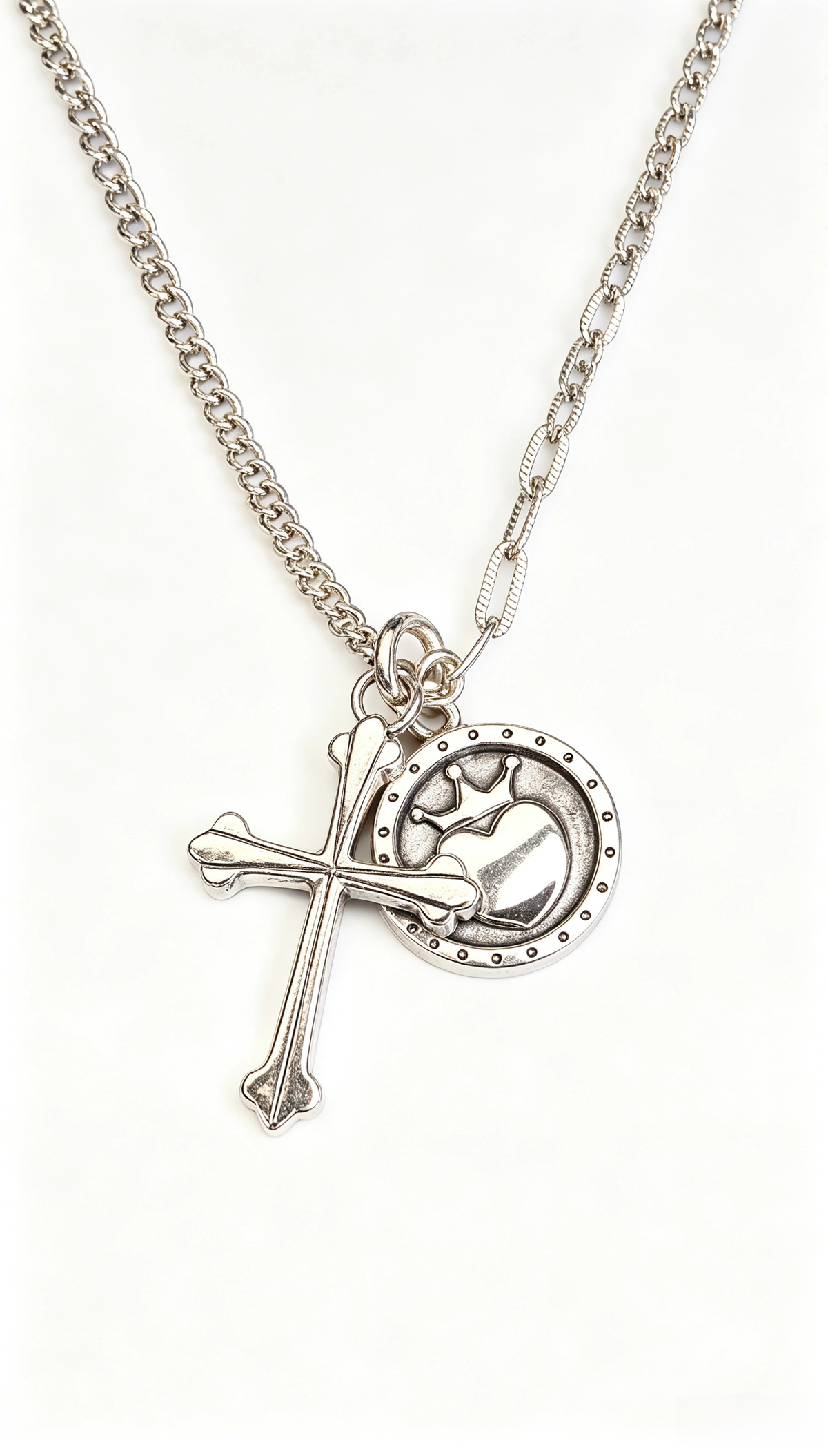 SST528 925 Sterling Silver Pavé Cross & Medallion Pendant Necklace