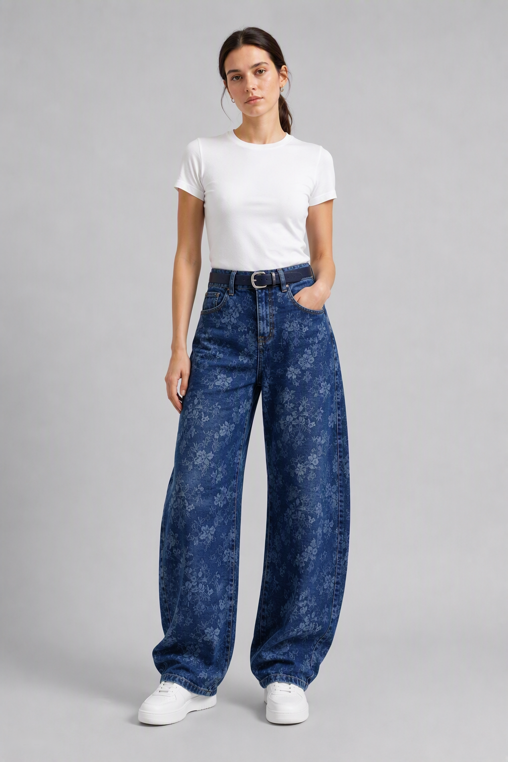 Model full-body view — Floral Jacquard Curved Jeans in Blue White (Style QYV665)