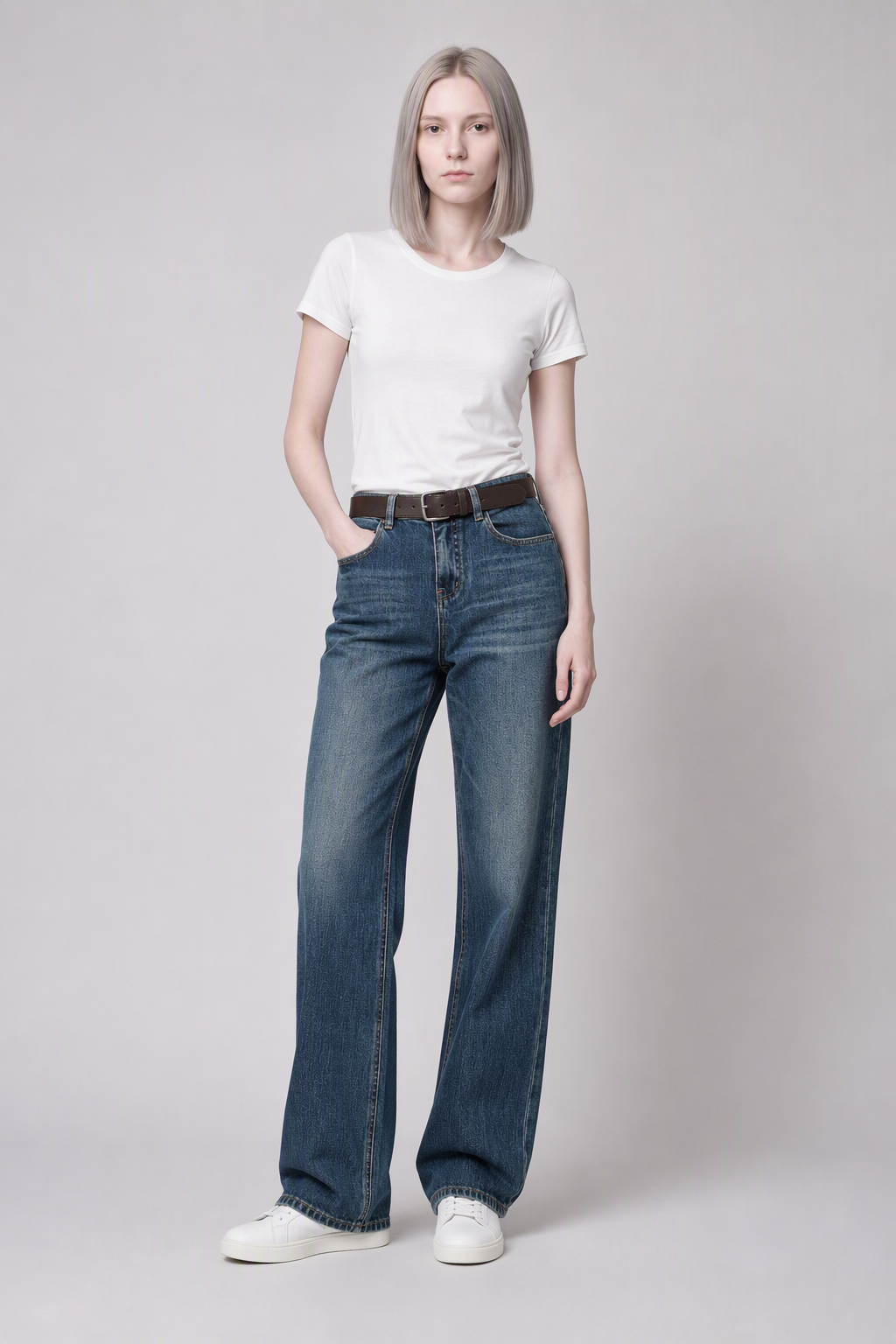 Model full-body view — Whiskered Straight-Leg Jeans in Mid Blue (Style QY88276)