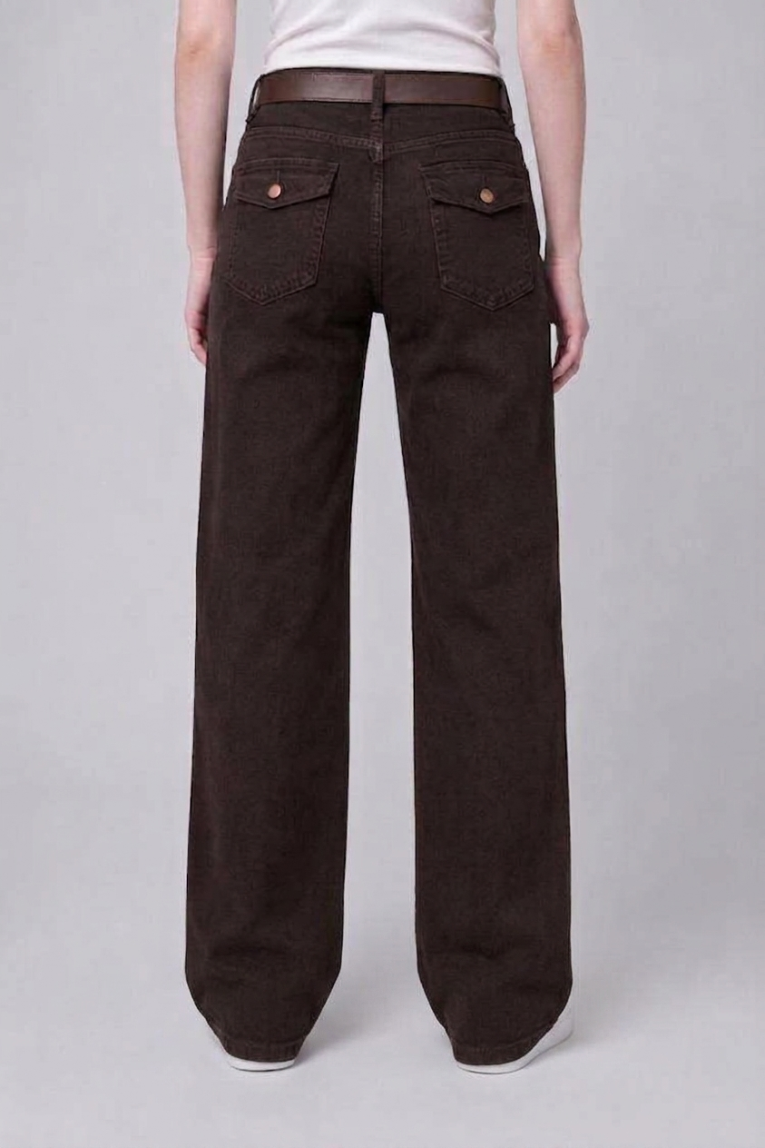 Model back view — Copper-Detail Straight-Leg Jeans in Dark Brown (Style QY88235-1)
