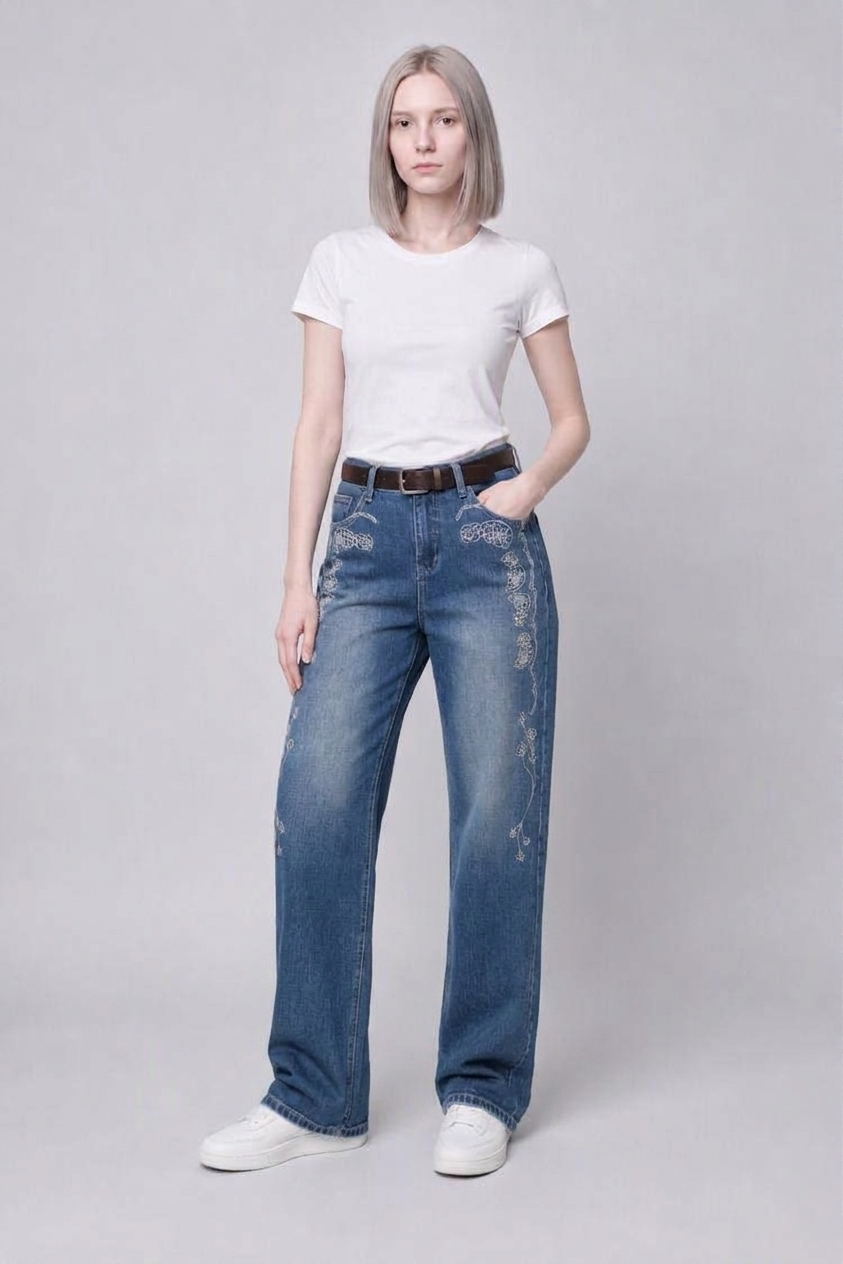Model full-body view — Floral-Embroidered Straight-Leg Jeans in Blue (Style QY88305)