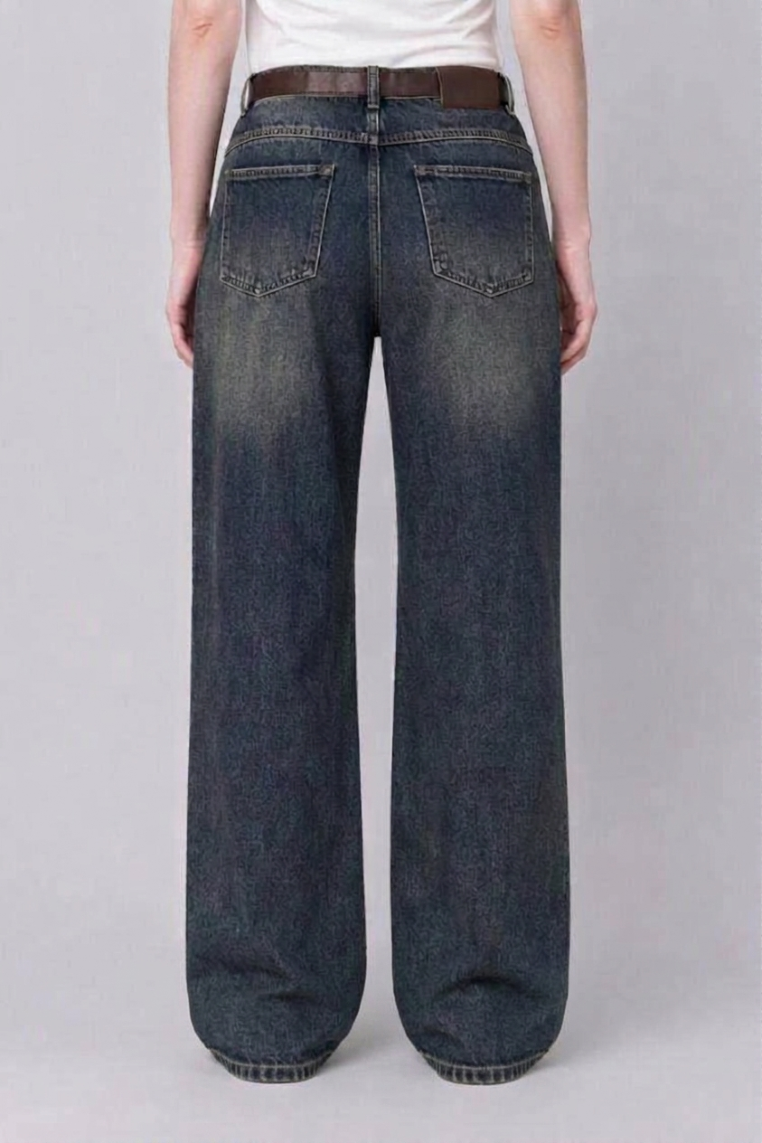 Model back view — Distressed Straight-Leg Jeans in Vintage Blue (Style QY88329)