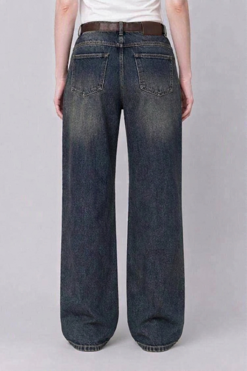 Model back view — Distressed Straight-Leg Jeans in Vintage Blue (Style QY88329)