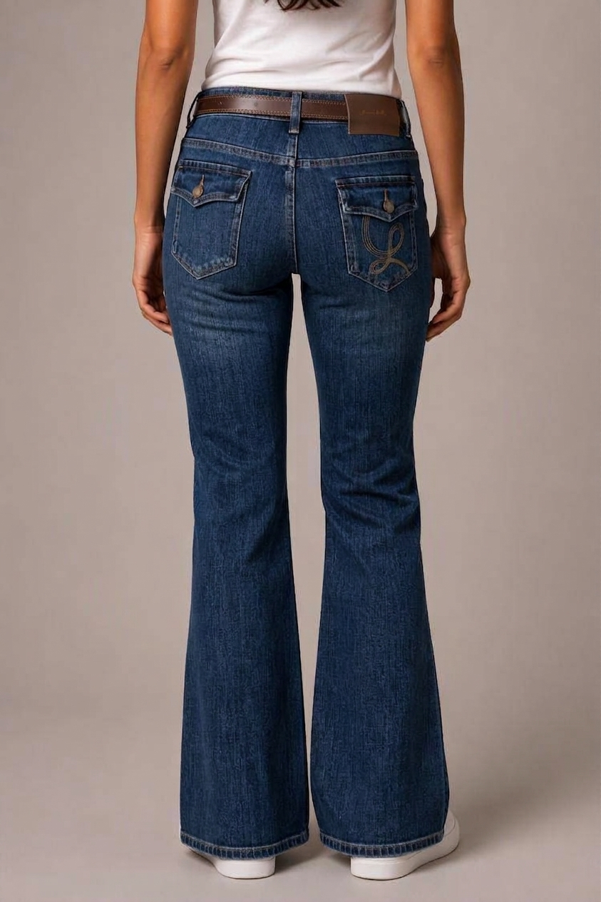 Model back view — Embroidered Bootcut Jeans in Mid Blue (Style QY88237)