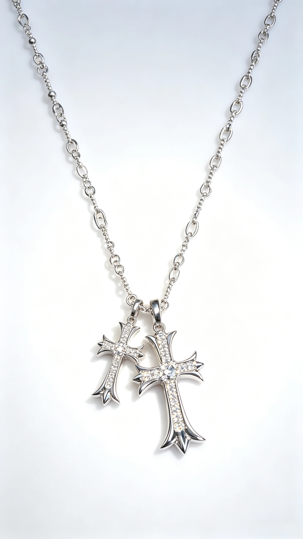 Elegant Pavé-Set Double Cross Necklace in 925 Sterling Silver
