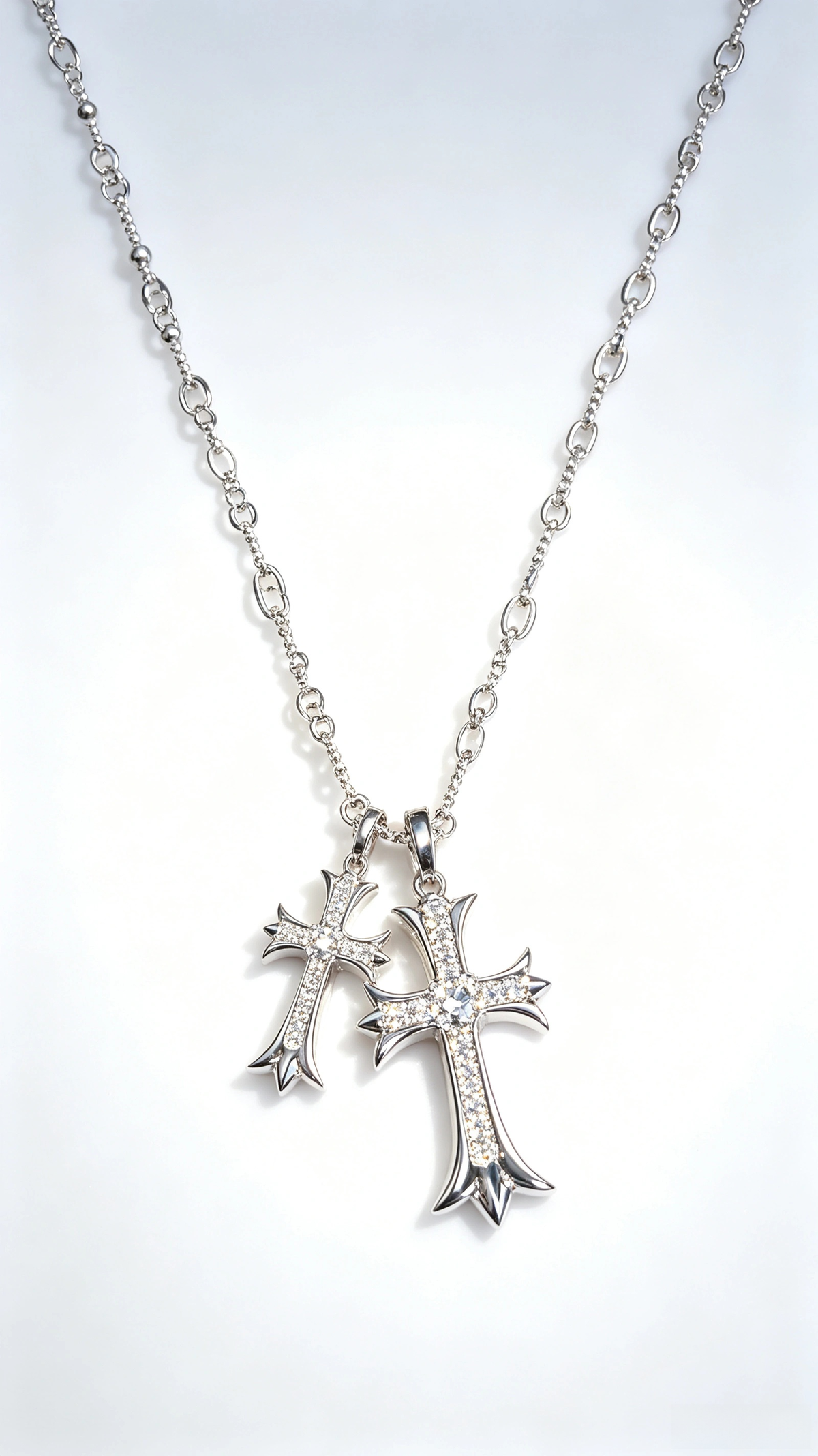 Elegant Pavé-Set Double Cross Necklace in 925 Sterling Silver