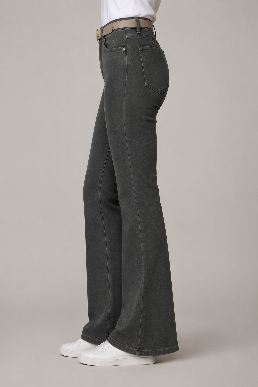 Model side view — Classic Bootcut Jeans in Dark Green (Style QY88297-1)