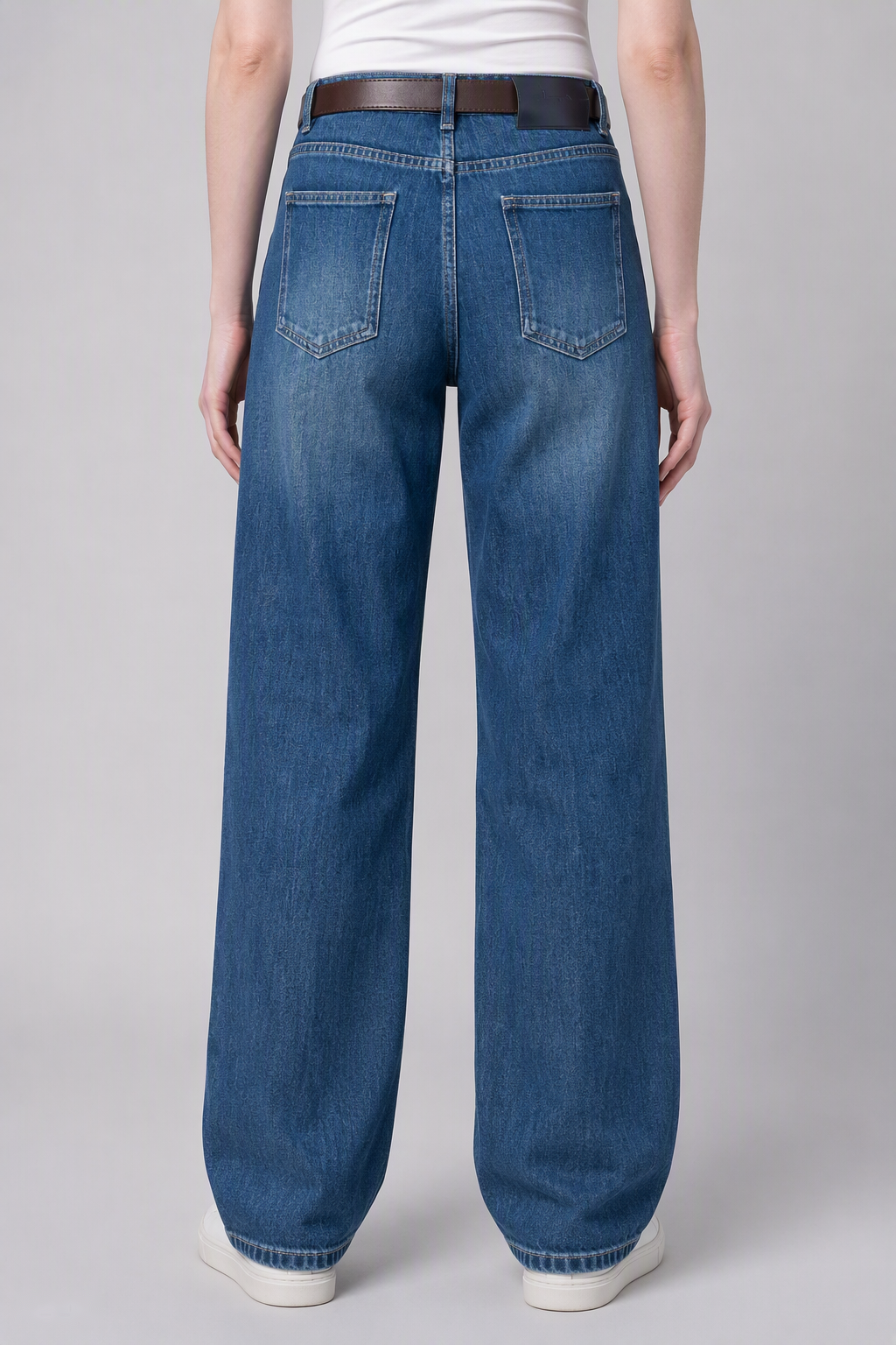 Model back view — Floral-Embroidered Straight-Leg Jeans in Blue (Style QY88305)