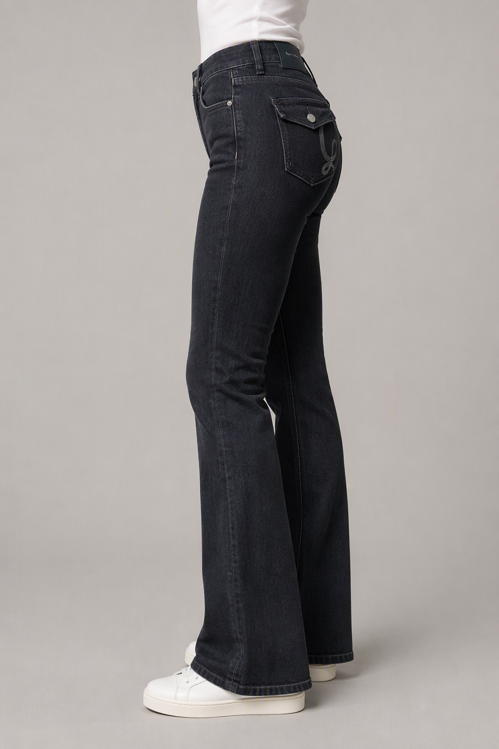 Model side view — Embroidered Bootcut Jeans in Black Gray (Style QY88237-1)