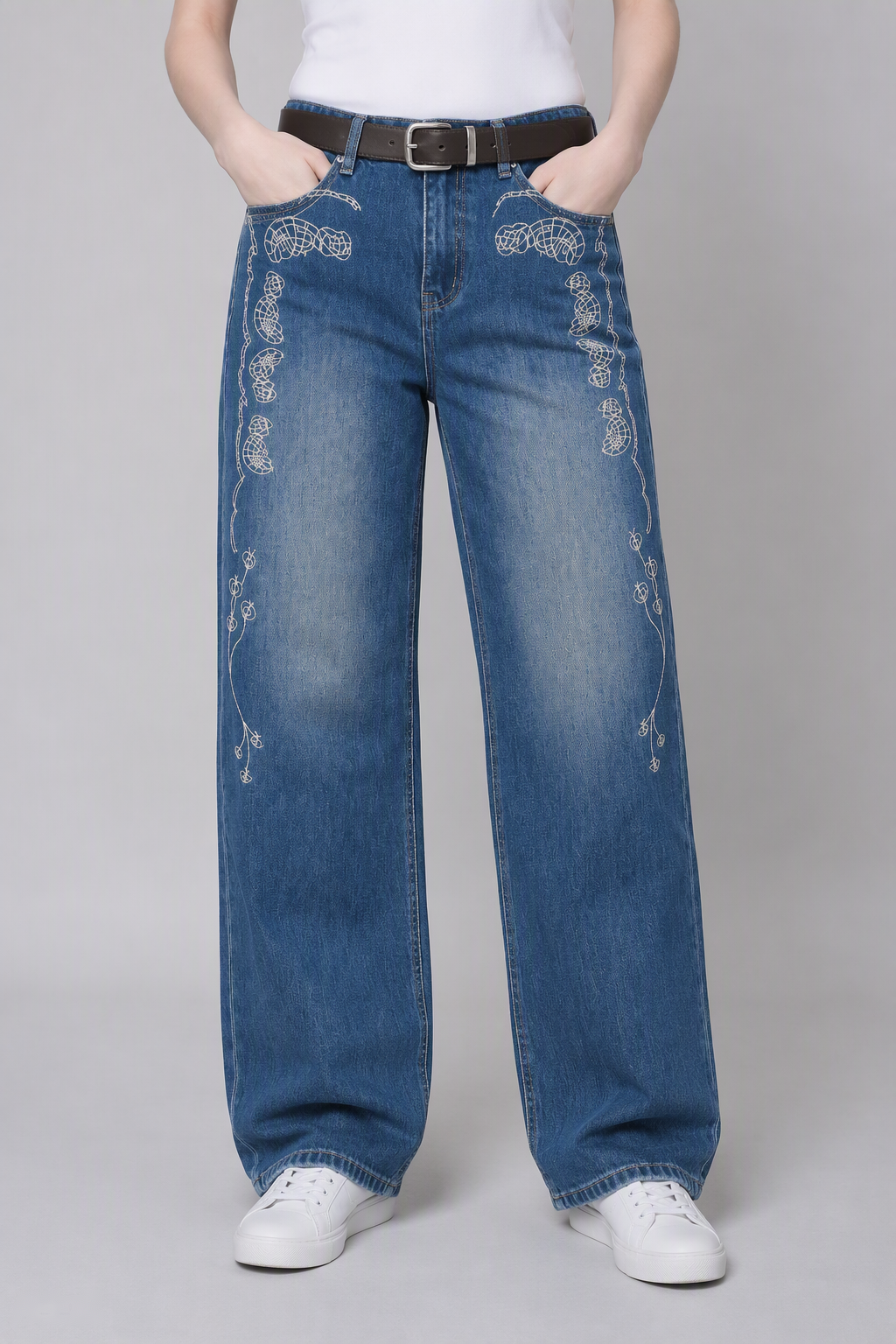 Model front view — Floral-Embroidered Straight-Leg Jeans in Blue (Style QY88305)