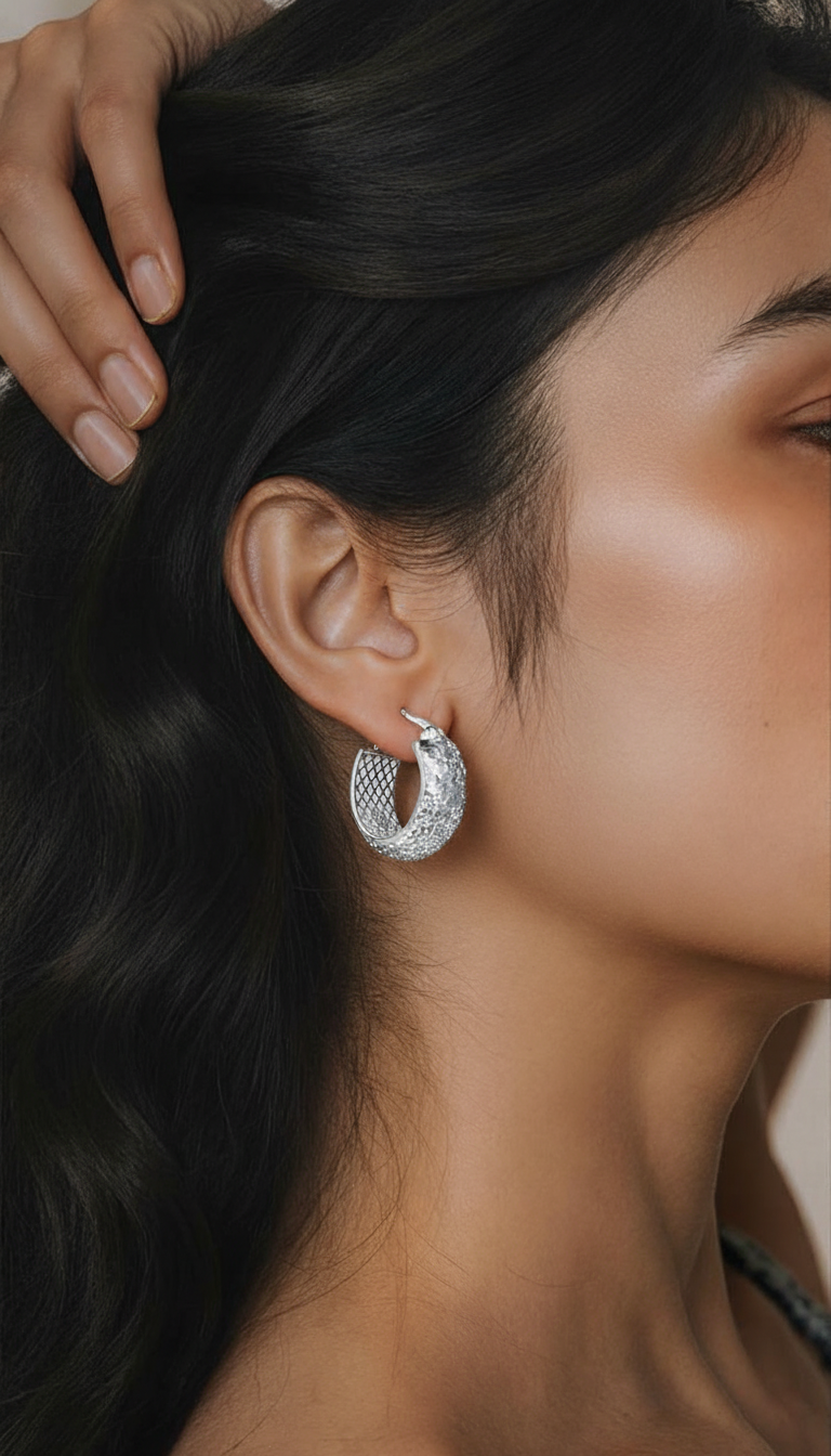 SSC1227 925 Sterling Silver Textured Wide Huggie Hoop Earrings