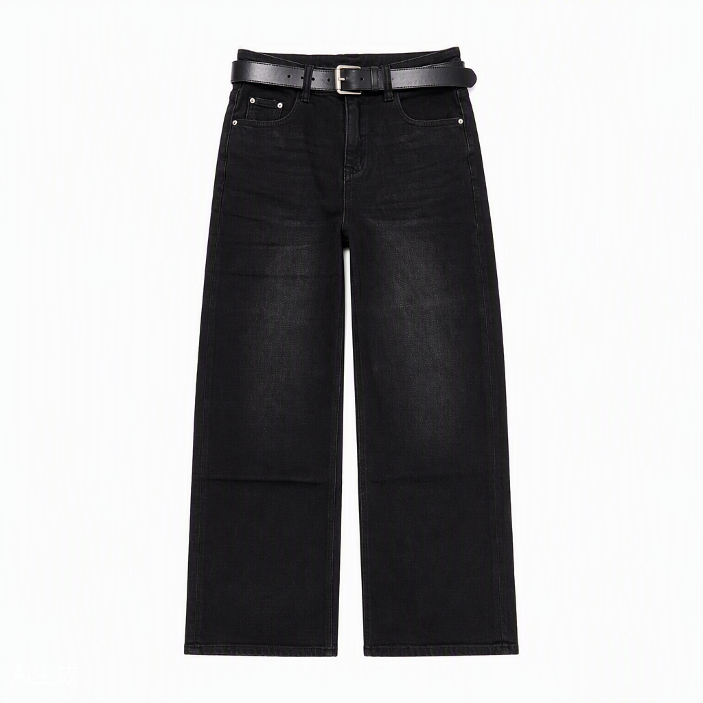 Flat-lay product photo — Flap-Pocket Straight-Leg Jeans in Black Gray (Style QY88235-2)