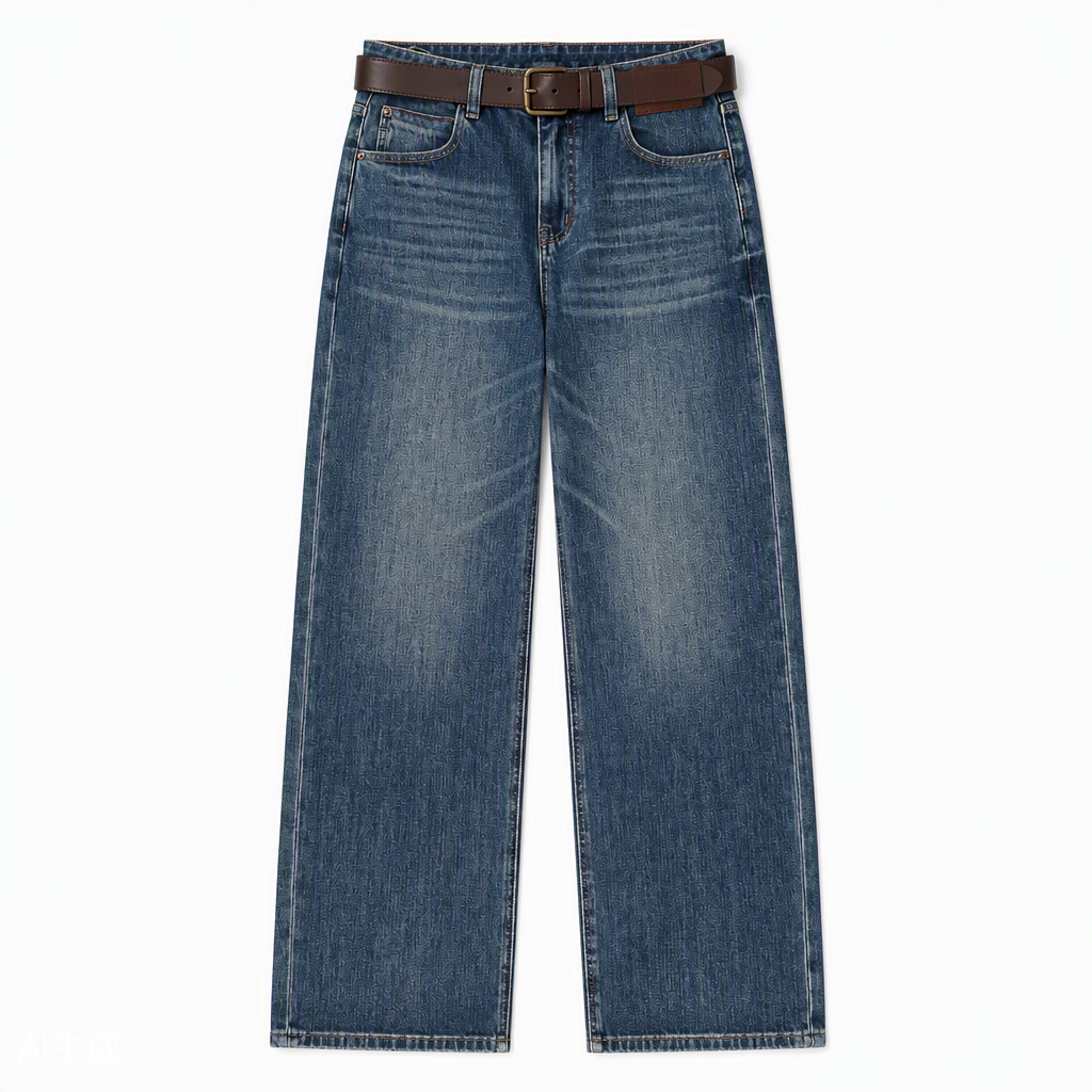 Flat-lay product photo — Whiskered Straight-Leg Jeans in Mid Blue (Style QY88276)