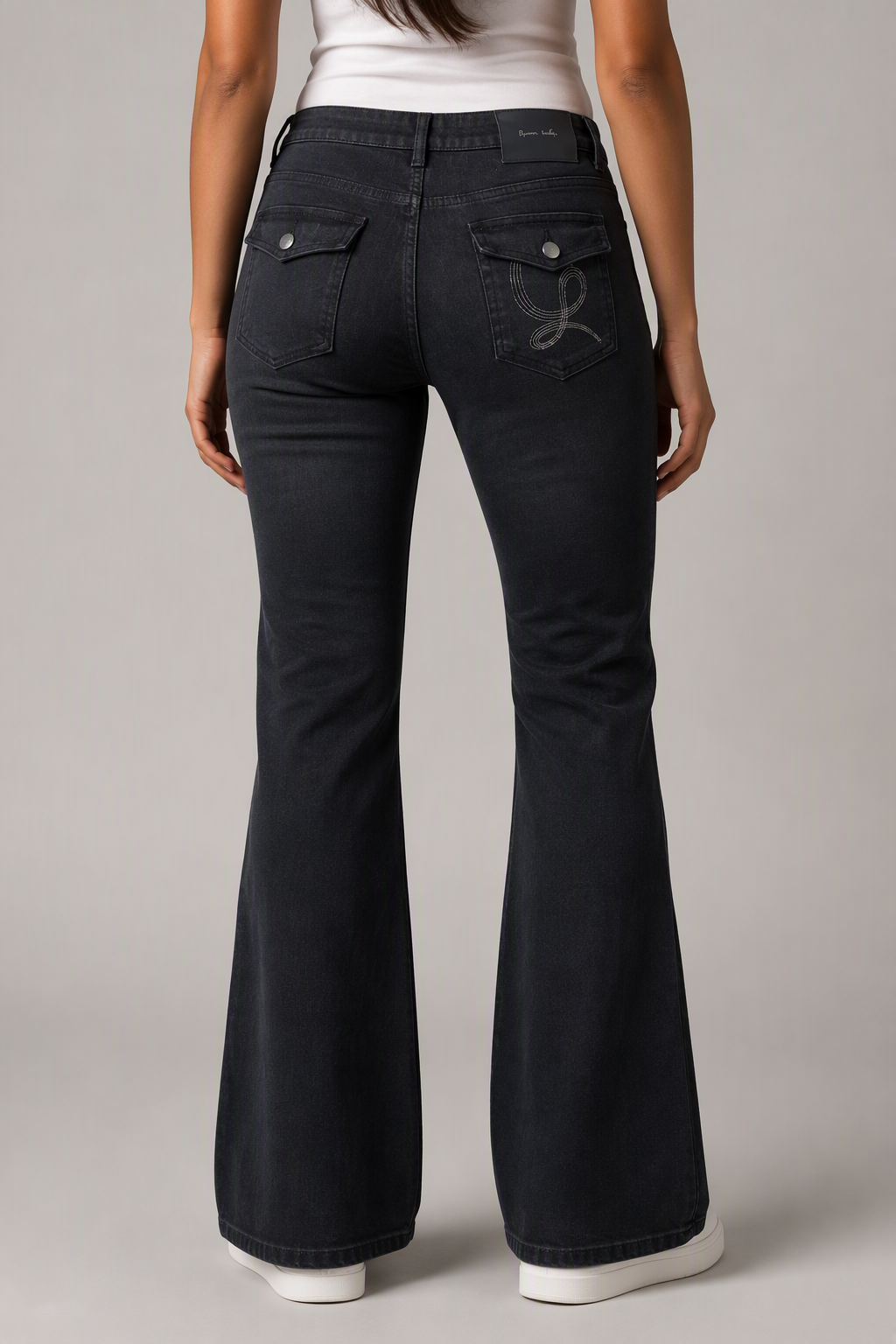 Model back view — Embroidered Bootcut Jeans in Black Gray (Style QY88237-1)