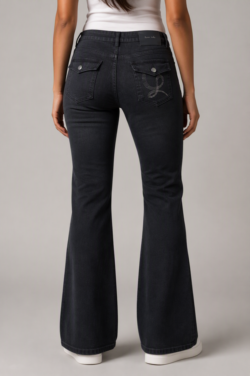 Model back view — Embroidered Bootcut Jeans in Black Gray (Style QY88237-1)