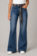 Model front view — Whiskered Bootcut Jeans in Mid Blue (Style QY88288)