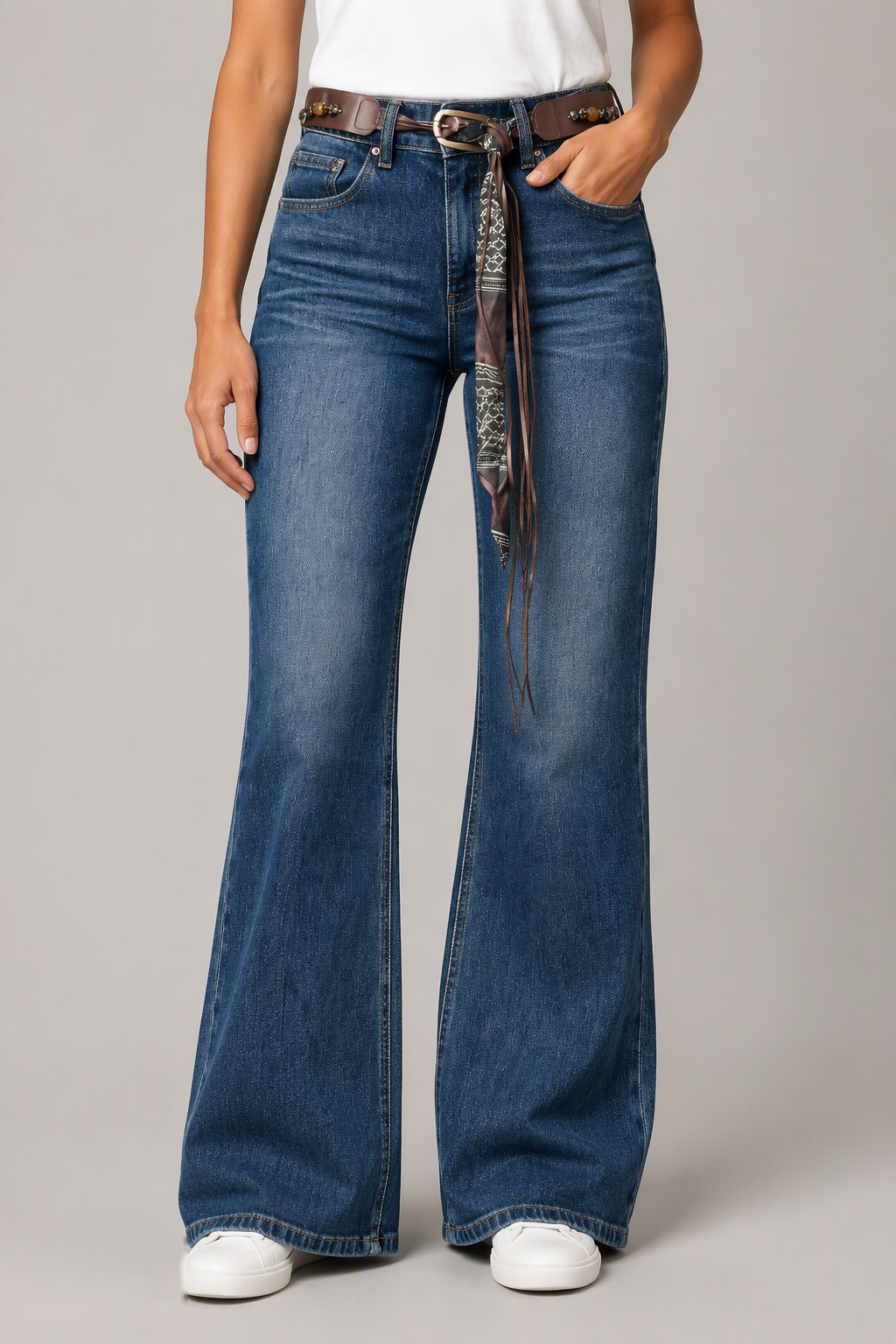 Model front view — Whiskered Bootcut Jeans in Mid Blue (Style QY88288)