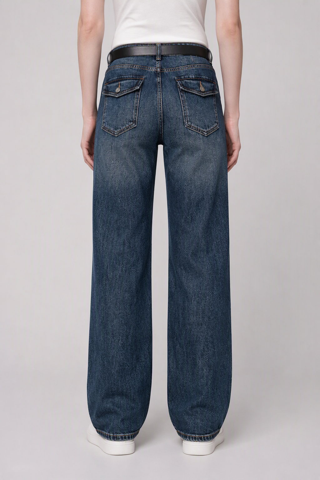Model back view — Flap-Pocket Straight-Leg Jeans in Deep Blue (Style QY99235)