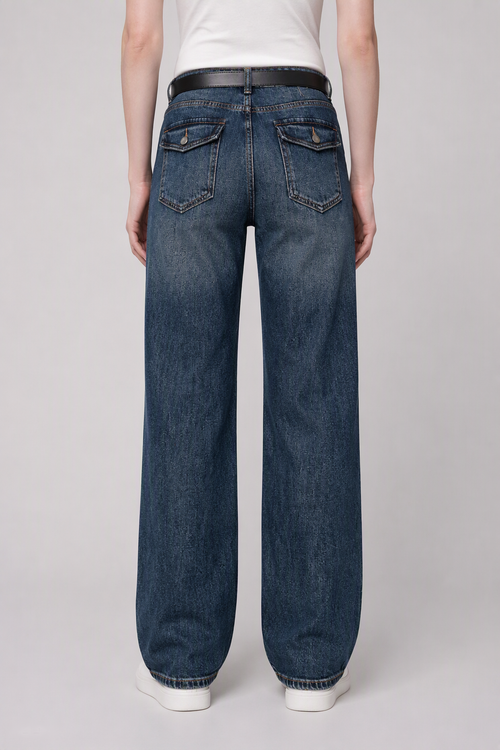 Model back view — Flap-Pocket Straight-Leg Jeans in Deep Blue (Style QY99235)