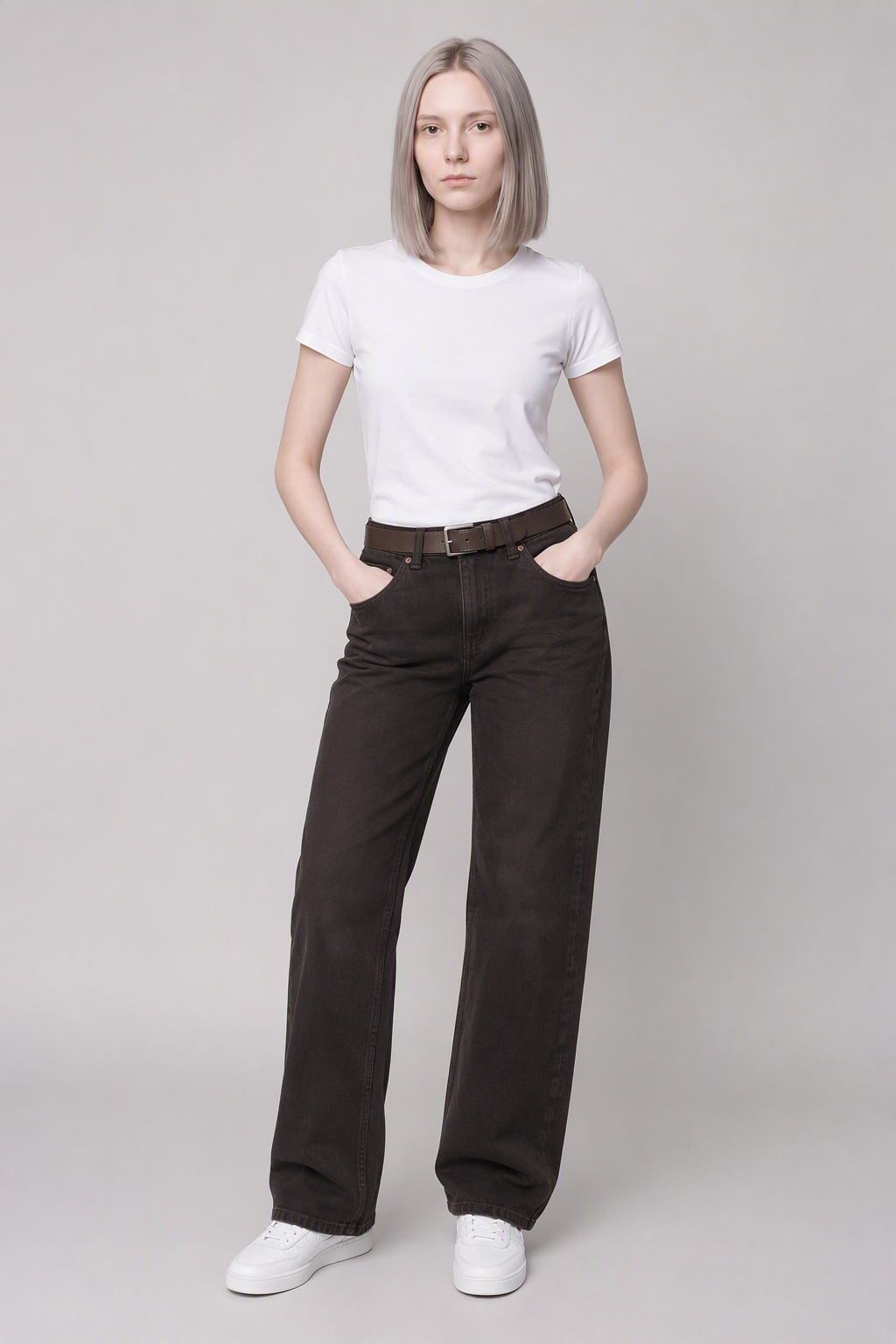 Model full-body view — Copper-Detail Straight-Leg Jeans in Dark Brown (Style QY88235-1)