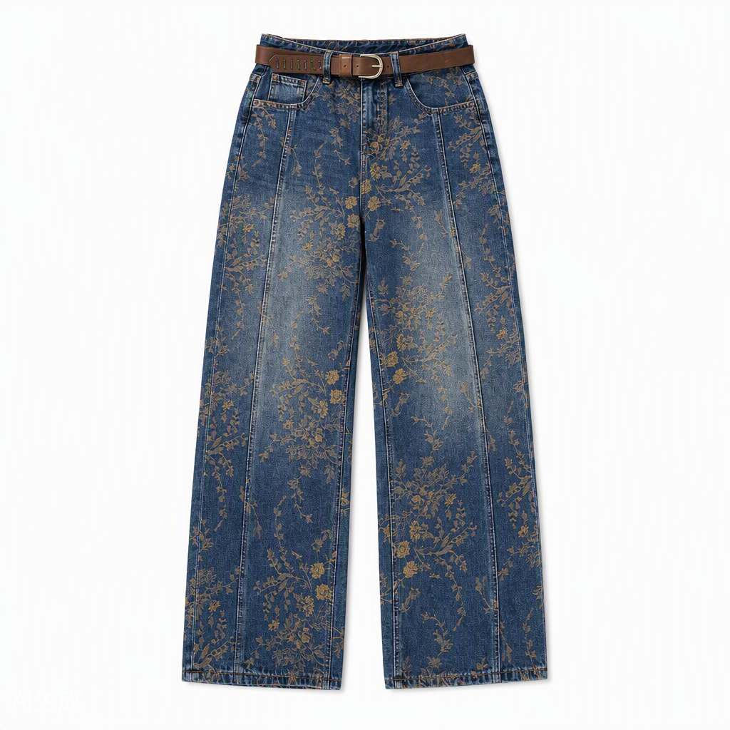 Flat-lay product photo — Floral-Jacquard Straight-Leg Jeans in Indigo Blue (Style QY88289)