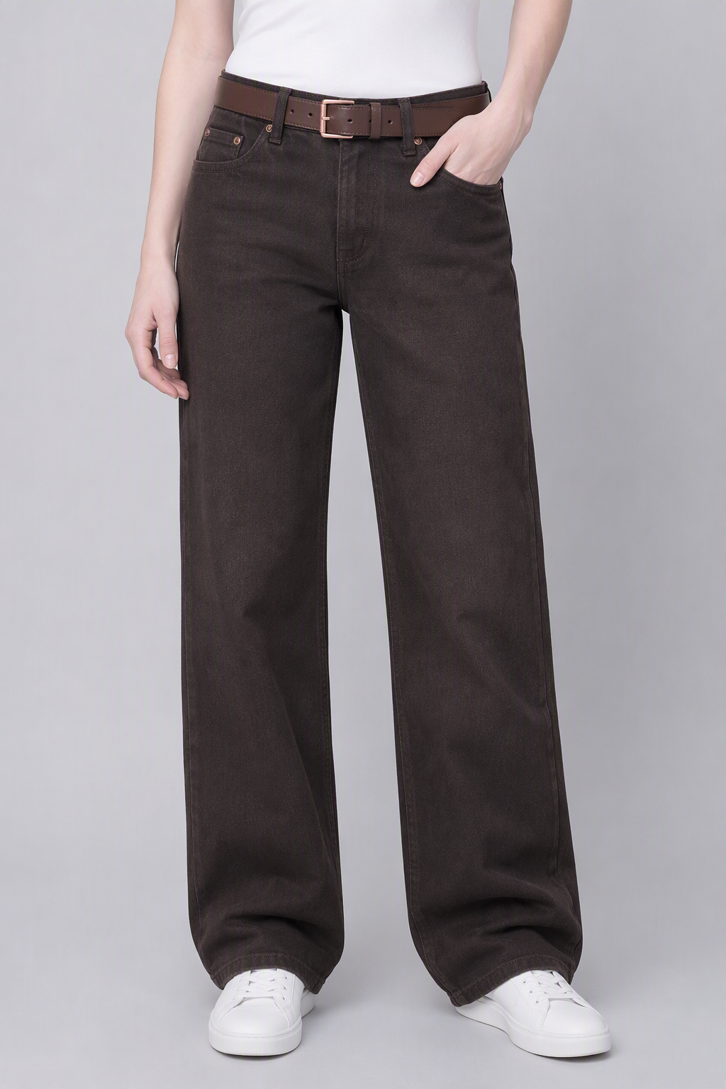 Model front view — Copper-Detail Straight-Leg Jeans in Dark Brown (Style QY88235-1)