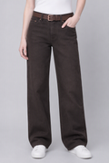 Model front view — Copper-Detail Straight-Leg Jeans in Dark Brown (Style QY88235-1)