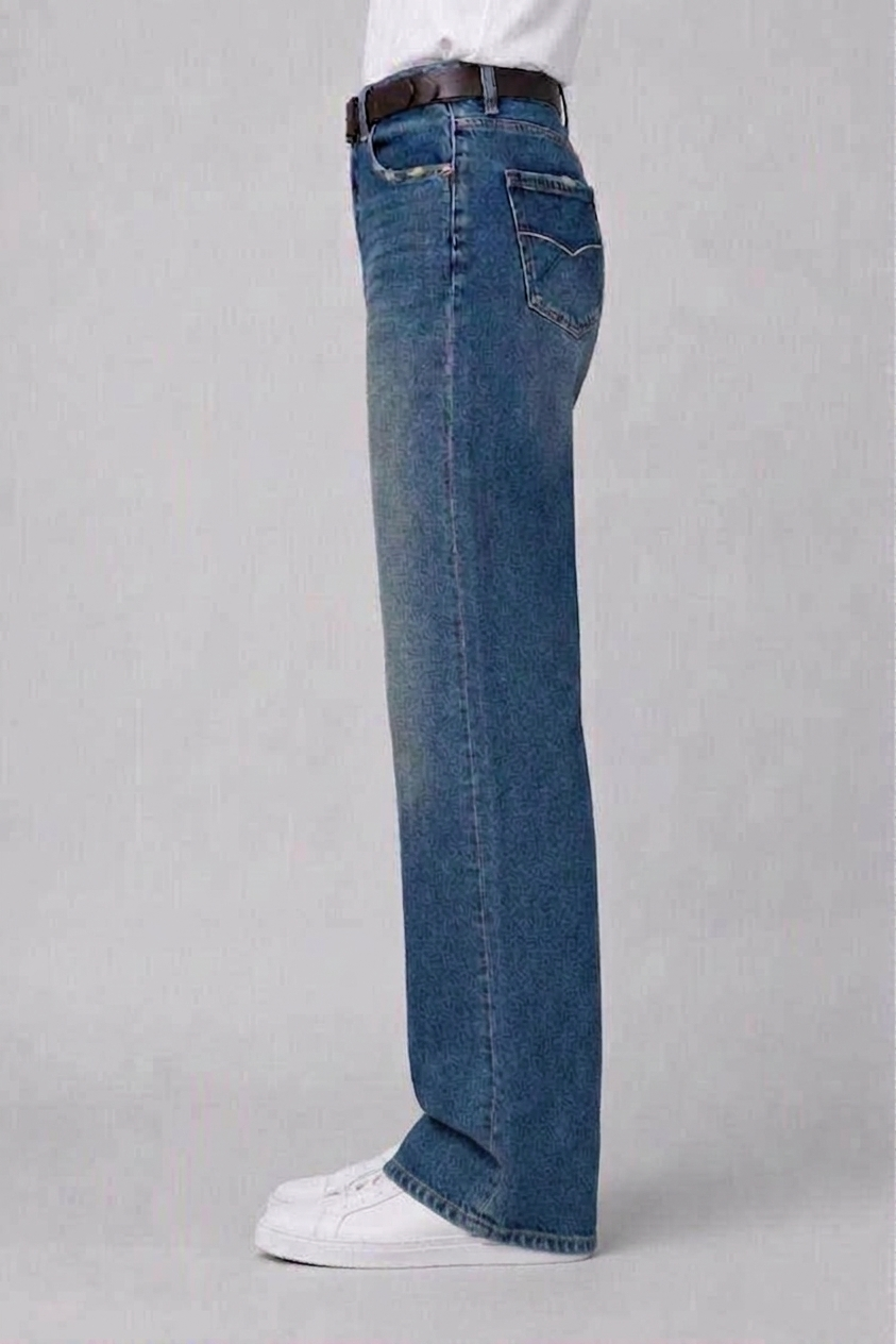 Model side view — Frayed-Edge Straight-Leg Jeans in Mid Blue (Style QY88267)