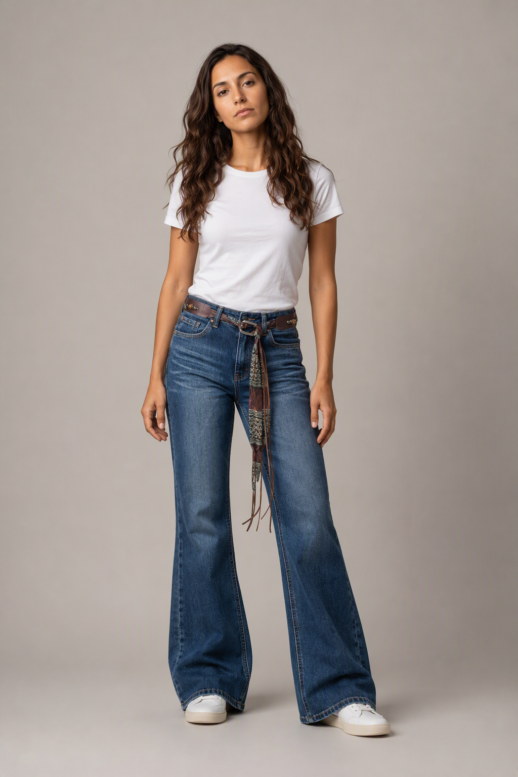 Model full-body view — Whiskered Bootcut Jeans in Mid Blue (Style QY88288)