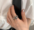 SSE1134 925 Sterling Silver Floral Open Ring with Textured Band