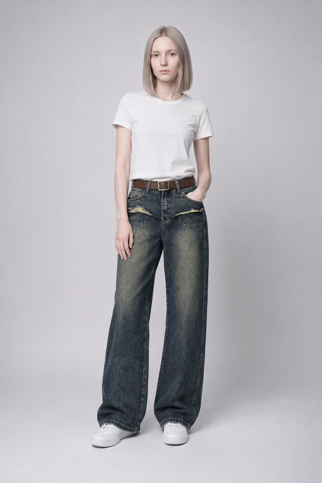Model full-body view — Distressed Straight-Leg Jeans in Vintage Blue (Style QY88329)