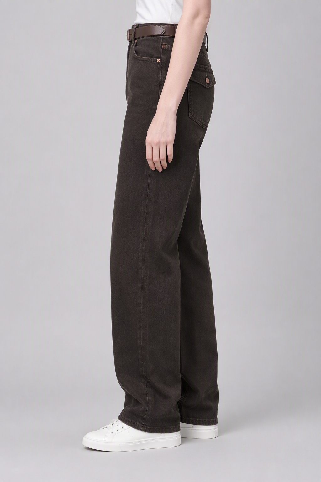 Model side view — Copper-Detail Straight-Leg Jeans in Dark Brown (Style QY88235-1)