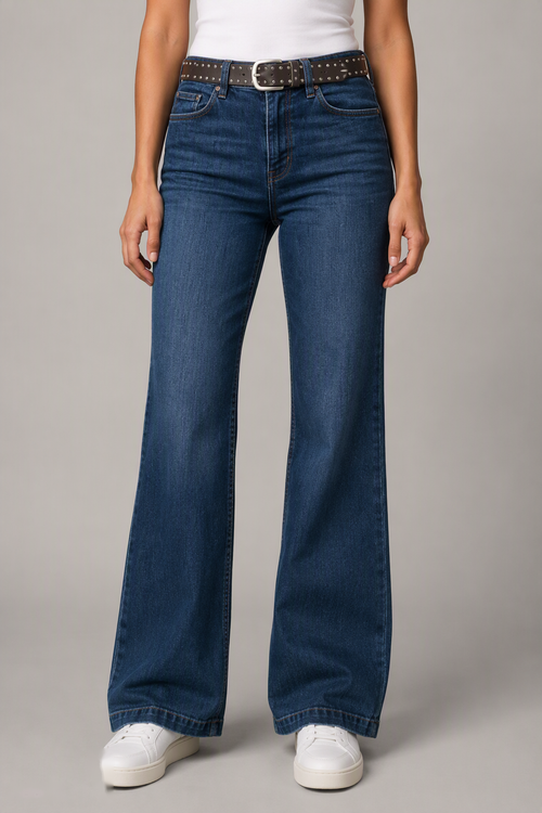 Model front view — Classic Bootcut Jeans in Mid Blue (Style QY88309)