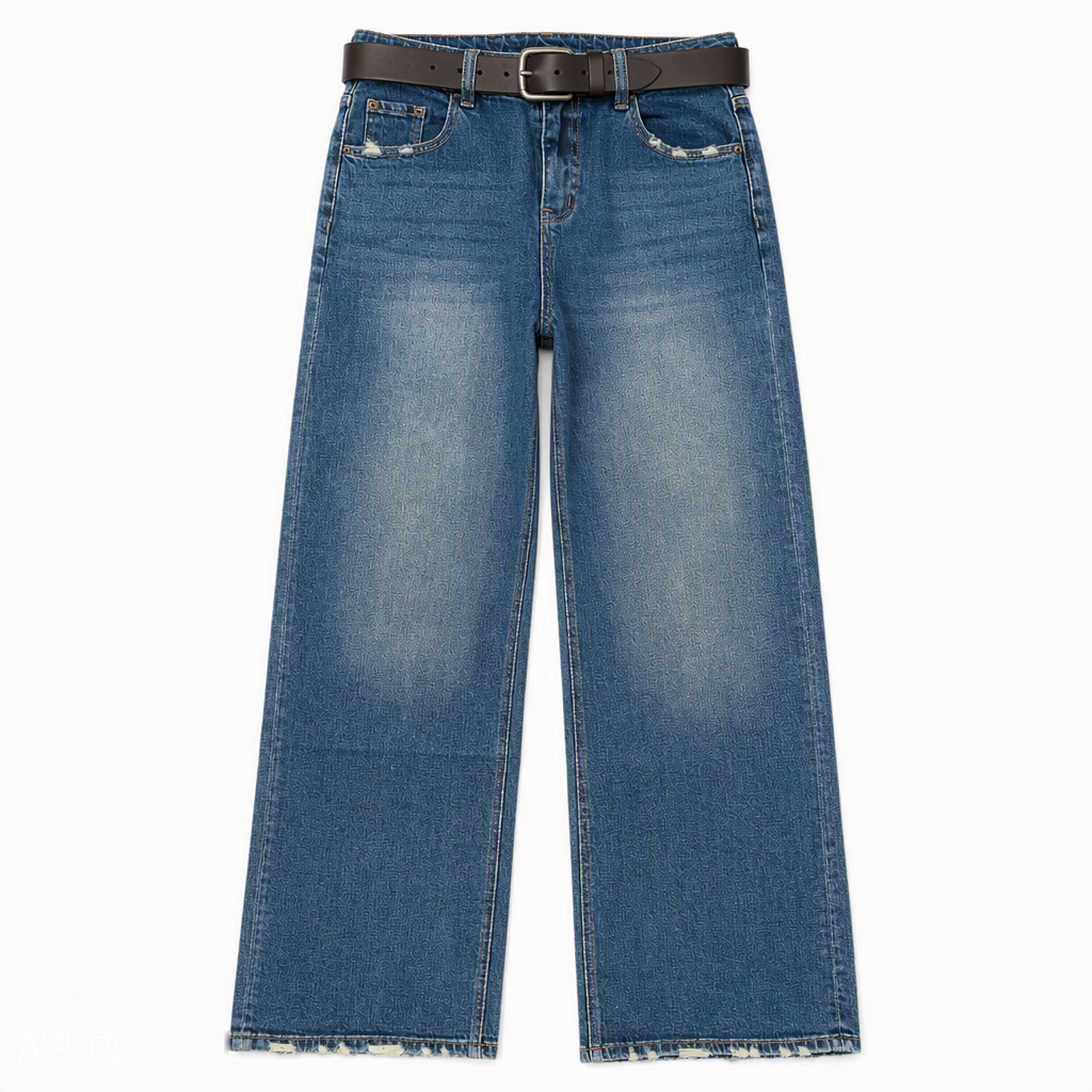 Flat-lay product photo — Frayed-Edge Straight-Leg Jeans in Mid Blue (Style QY88267)