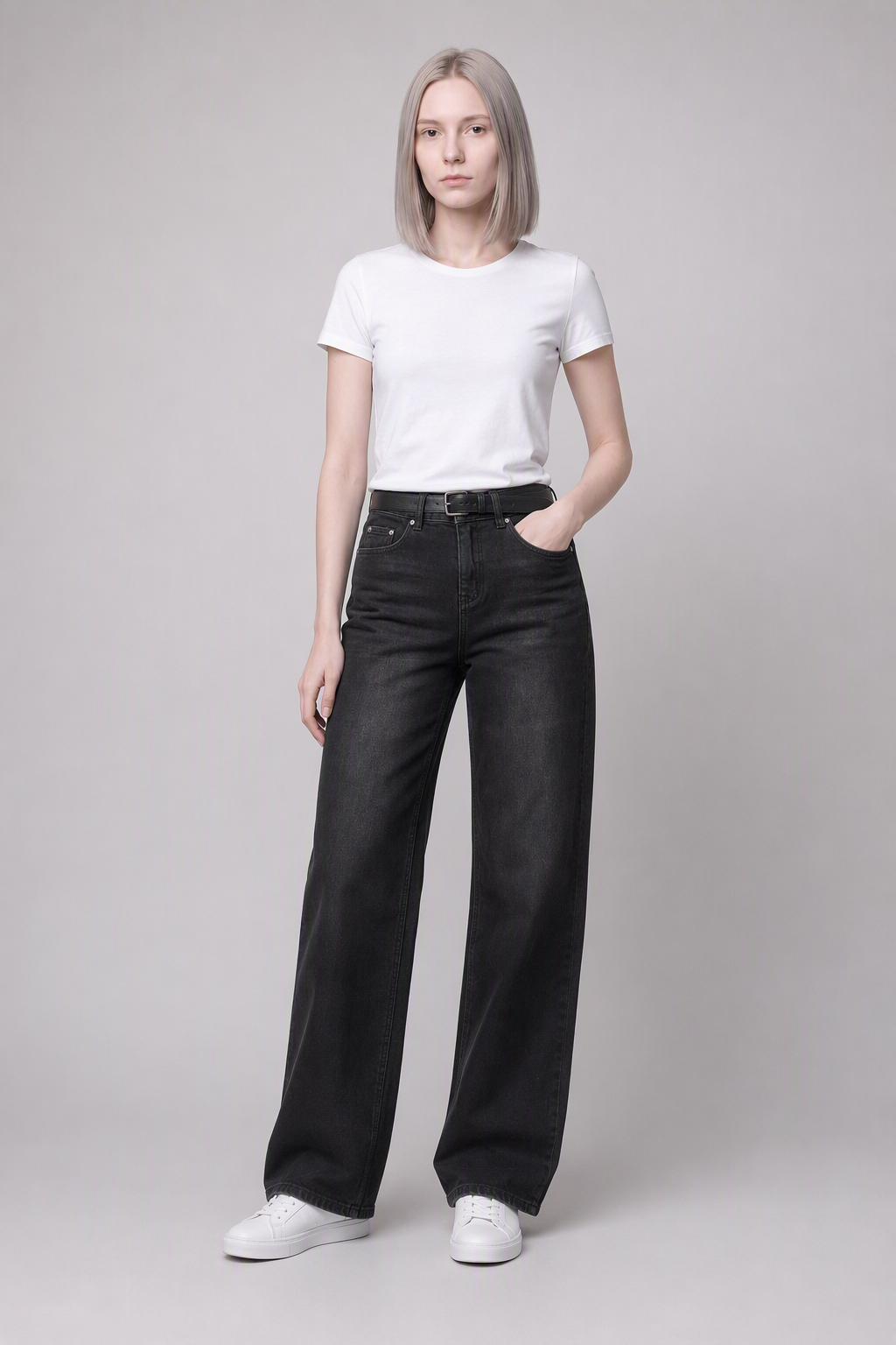 Model full-body view — Flap-Pocket Straight-Leg Jeans in Black Gray (Style QY88235-2)