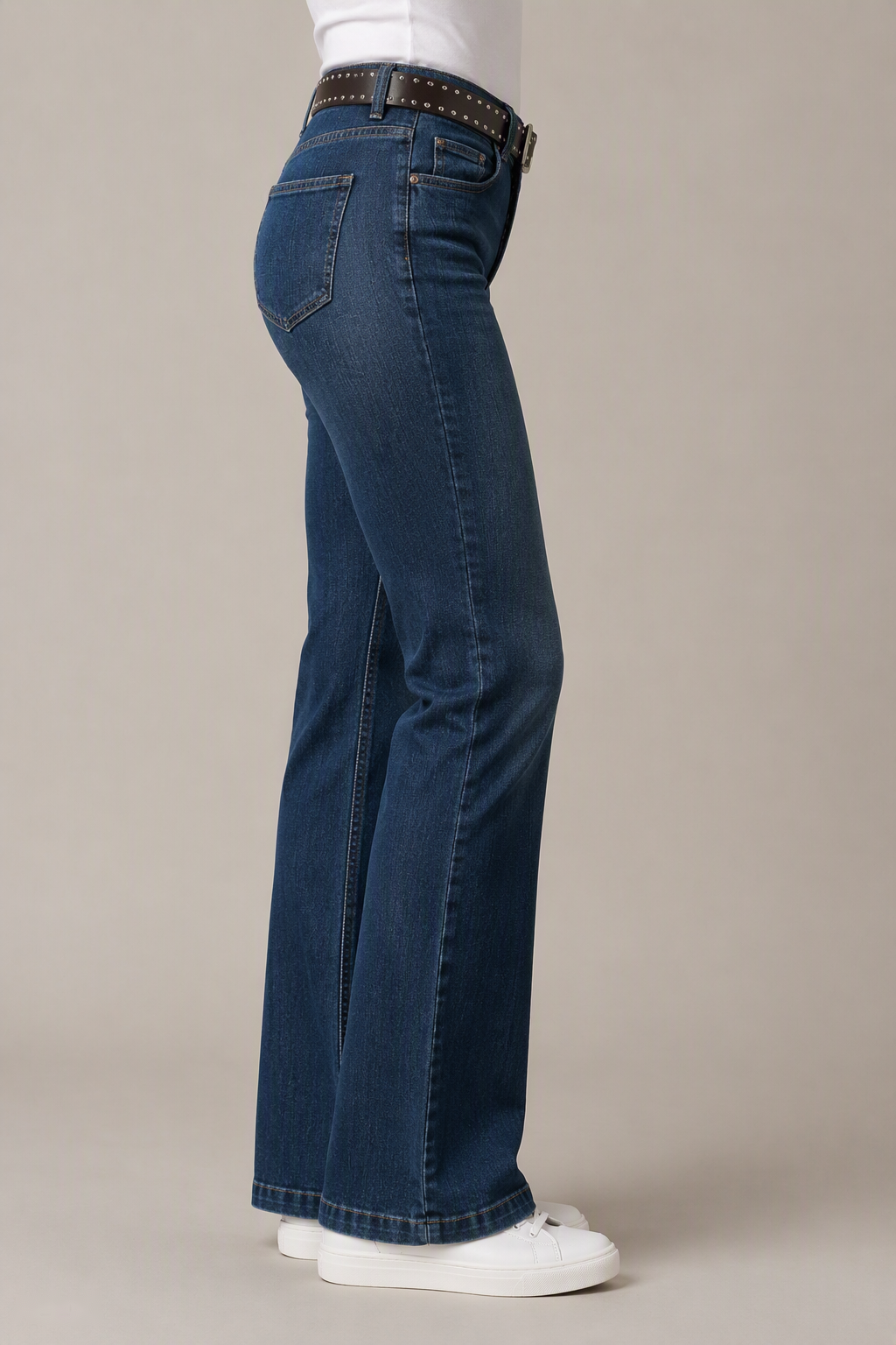 Model side view — Classic Bootcut Jeans in Mid Blue (Style QY88309)