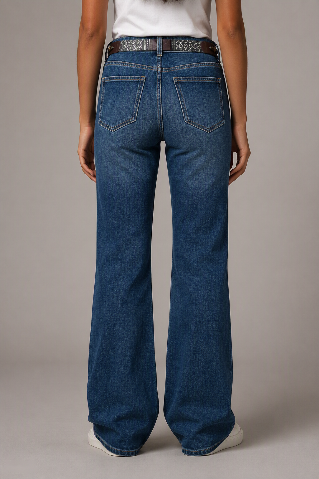 Model back view — Whiskered Bootcut Jeans in Mid Blue (Style QY88288)