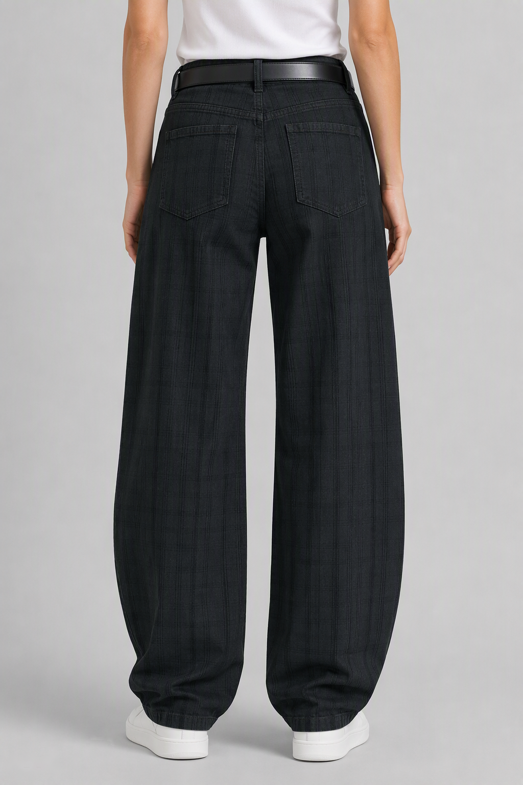 Model back view — Plaid Curved Jeans in Dark Green (Style QY88333)