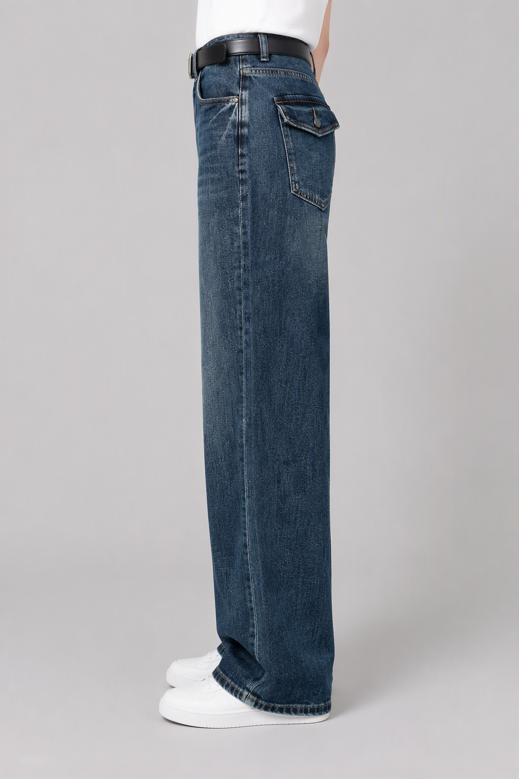 Model side view — Flap-Pocket Straight-Leg Jeans in Deep Blue (Style QY99235)