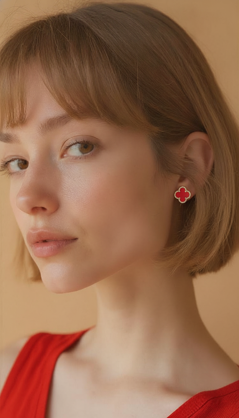 SSC844 Red Agate & 925 Sterling Silver Clover Stud Earrings