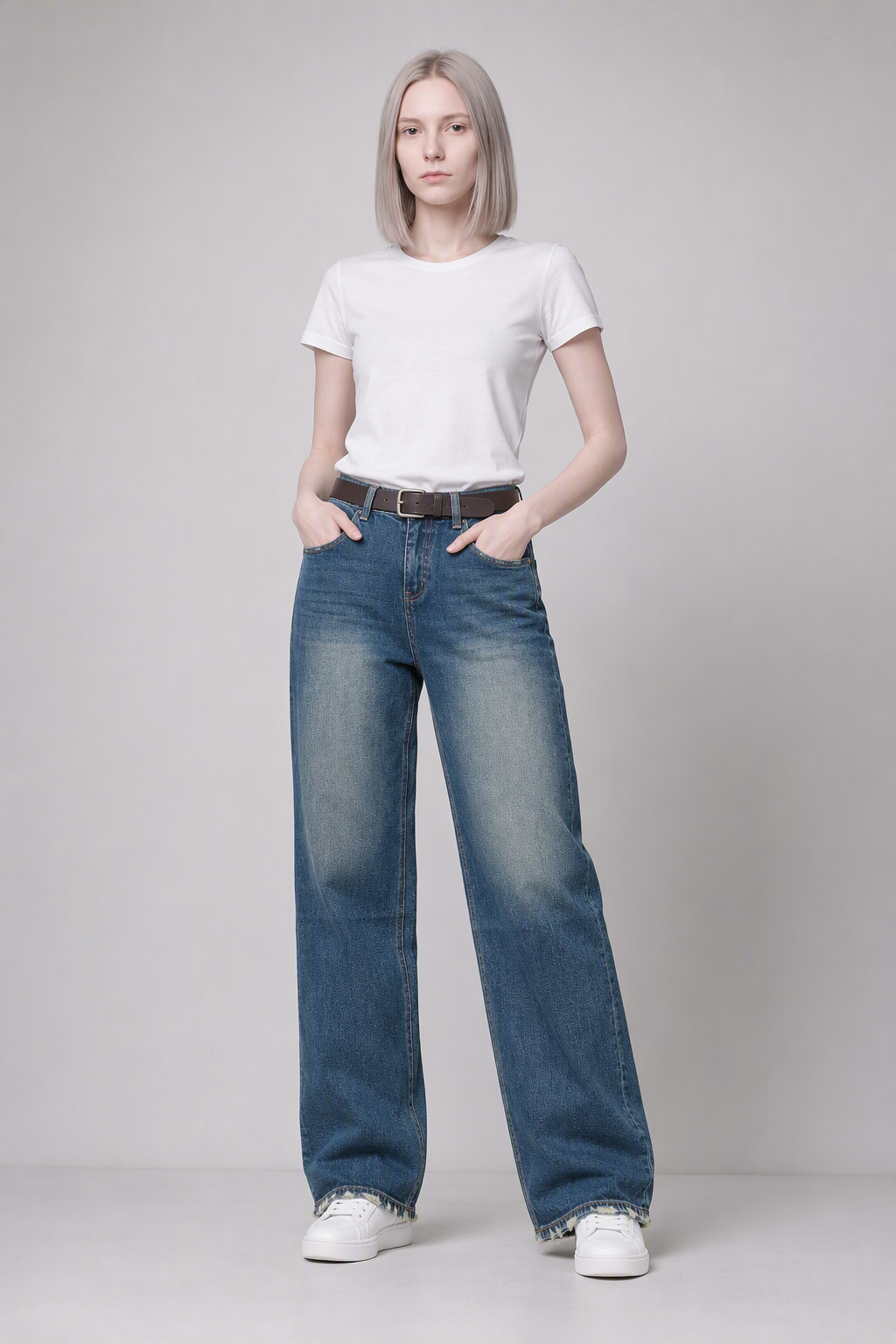 Model full-body view — Frayed-Edge Straight-Leg Jeans in Mid Blue (Style QY88267)