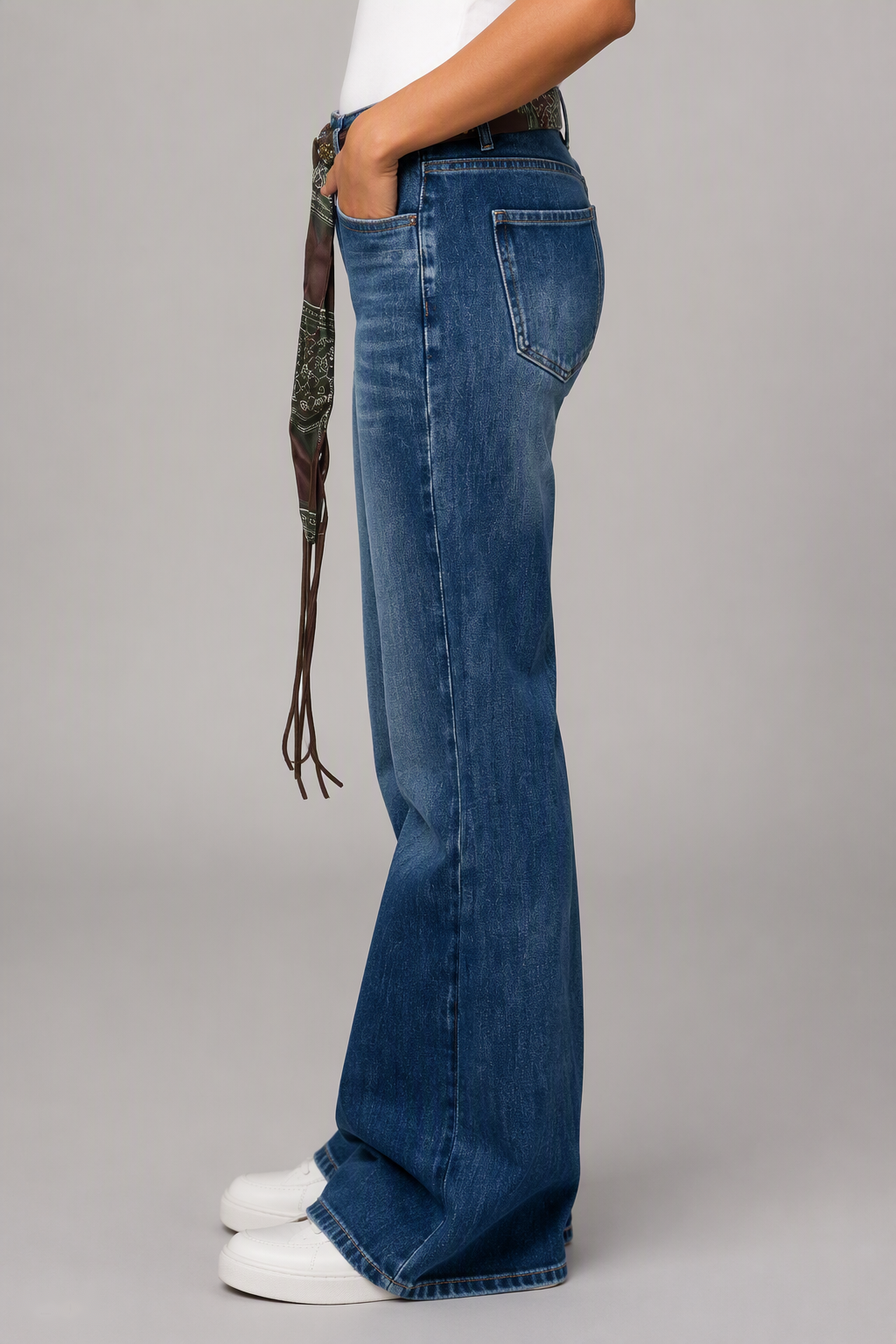Model side view — Whiskered Bootcut Jeans in Mid Blue (Style QY88288)
