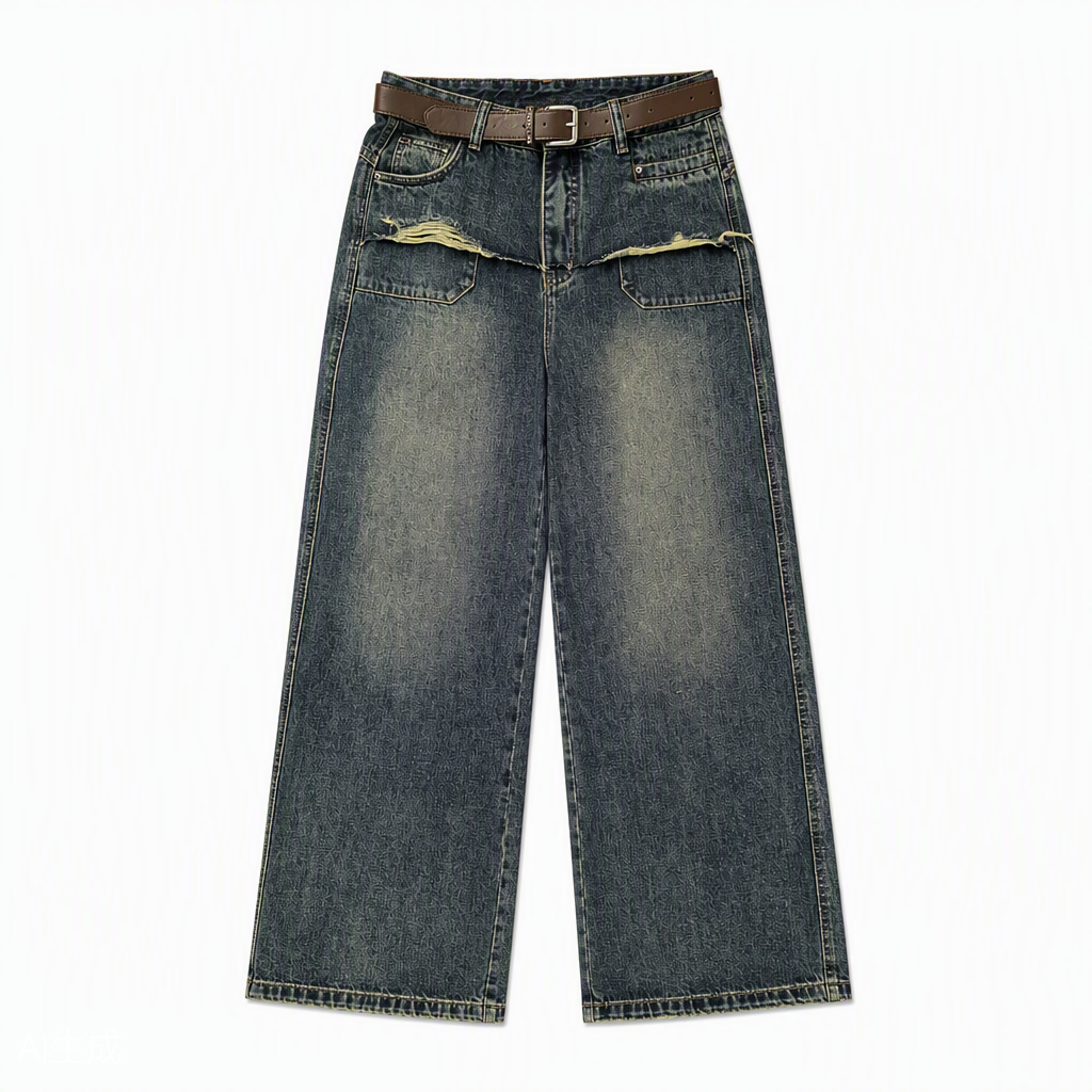 Flat-lay product photo — Distressed Straight-Leg Jeans in Vintage Blue (Style QY88329)