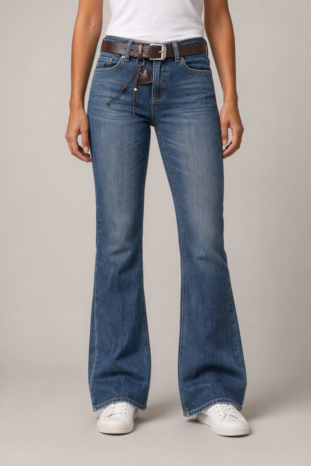 Model front view — Heavy-Wash Bootcut Jeans in Vintage Blue (Style QY88252)