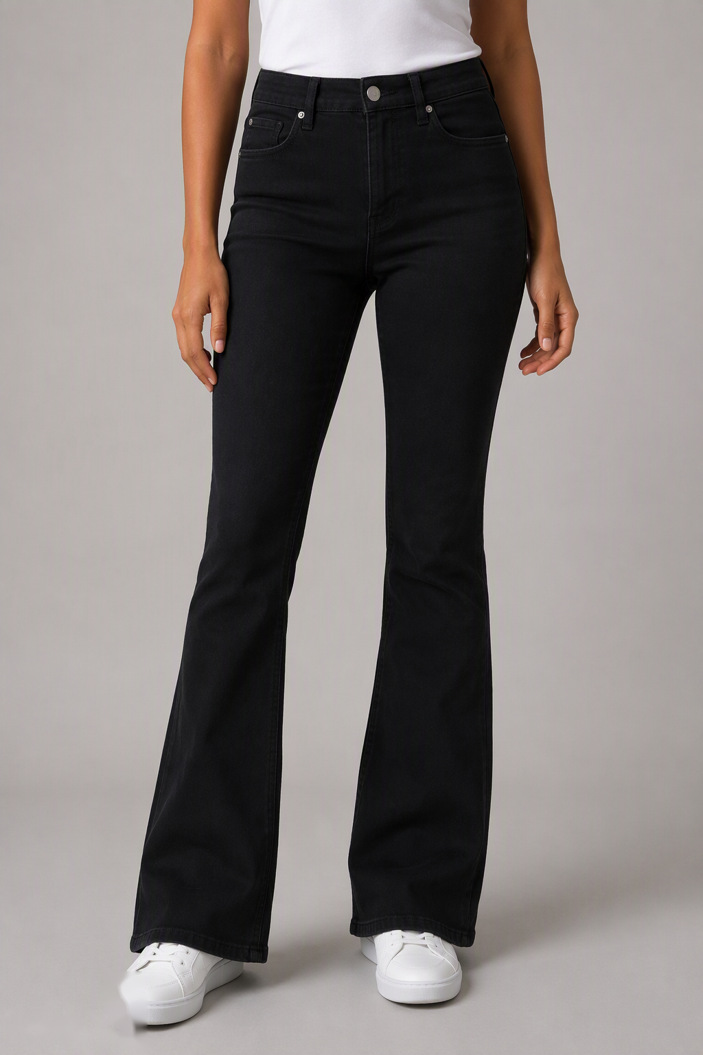 Model front view — Embroidered Bootcut Jeans in Black (Style QY88237-2)